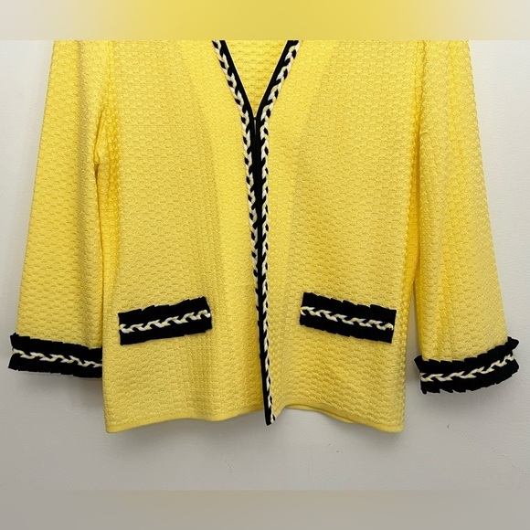 MING WANG Open Front Blazer Cardigan Yellow With Black & White Trim Sz Small - Picture 2 of 8